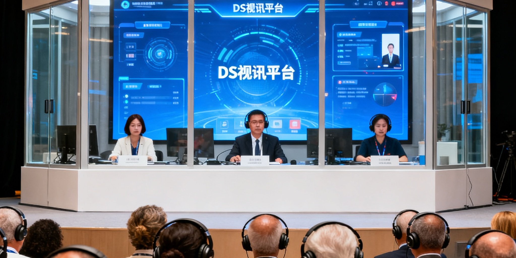 大型国际学术会议现场，舞台中央大屏幕展示DS视讯同声传译系统界面，多国参会者佩戴耳机专注聆听，译员在后方隔音间内通过DS视讯平台远程工作